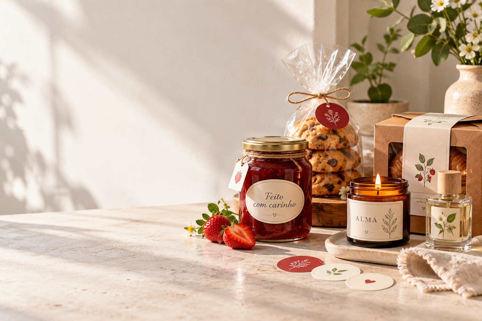 Composição ilustrativa de produtos artesanais com etiquetas e rótulos personalizados
